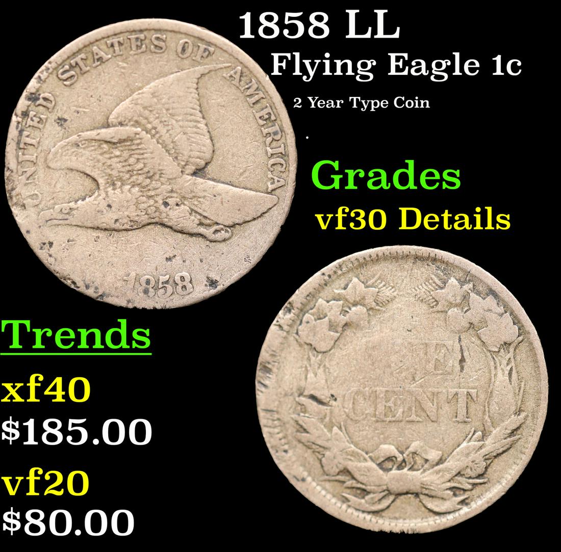 1858 LL Flying Eagle Cent 1c Grades VF Details (1 of 3)