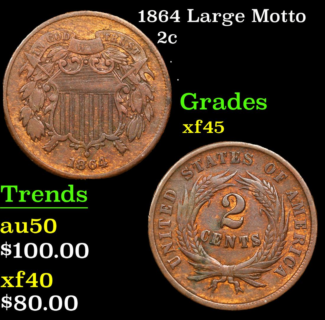 1864 Large Motto Two Cent Piece 2c Grades xf+ (1 of 3)