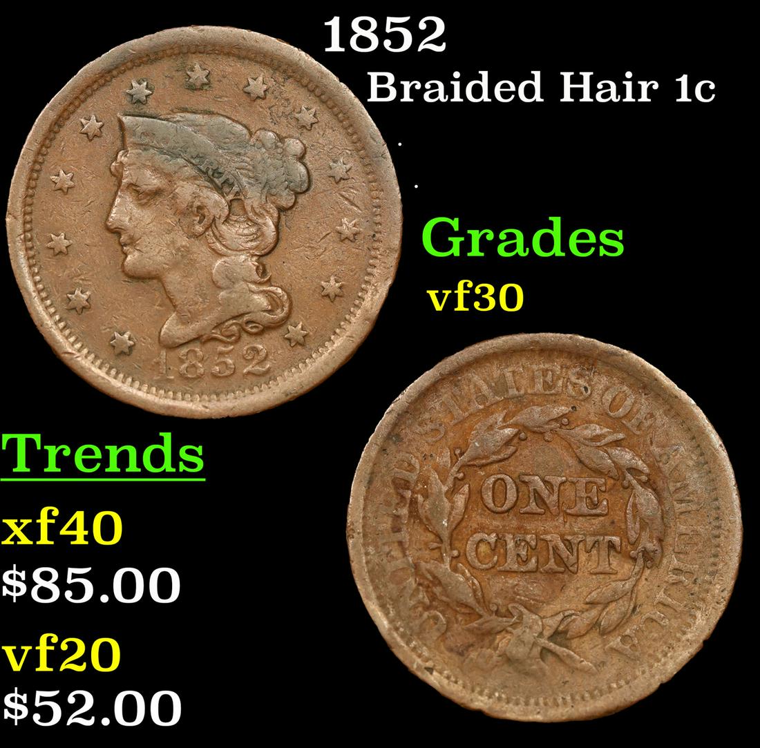 1852 Braided Hair Large Cent 1c Grades vf++ (1 of 3)