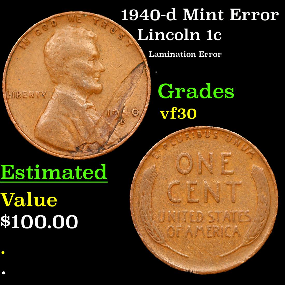 1940-d Lincoln Cent Mint Error 1c Grades vf++ (1 of 3)