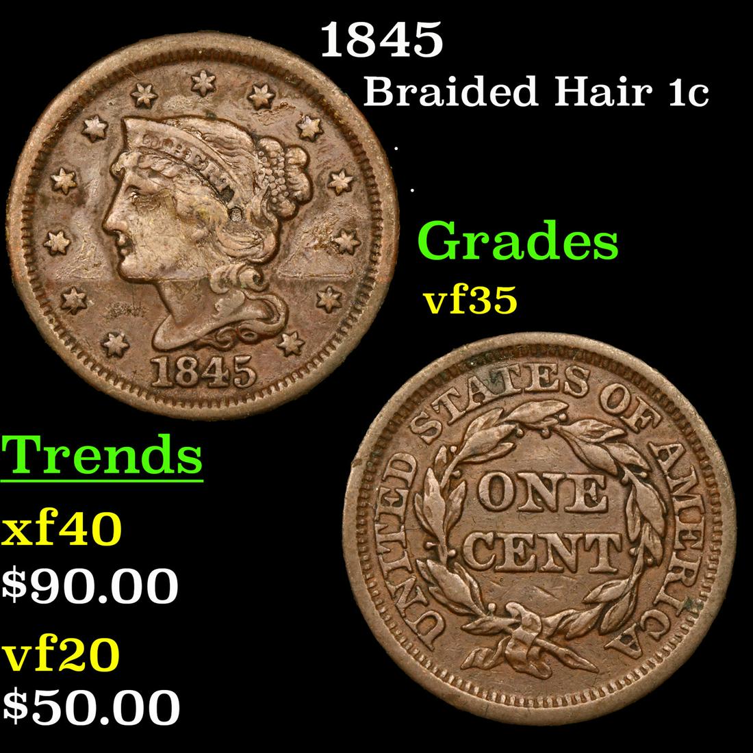 1845 Braided Hair Large Cent 1c Grades vf++ (1 of 3)