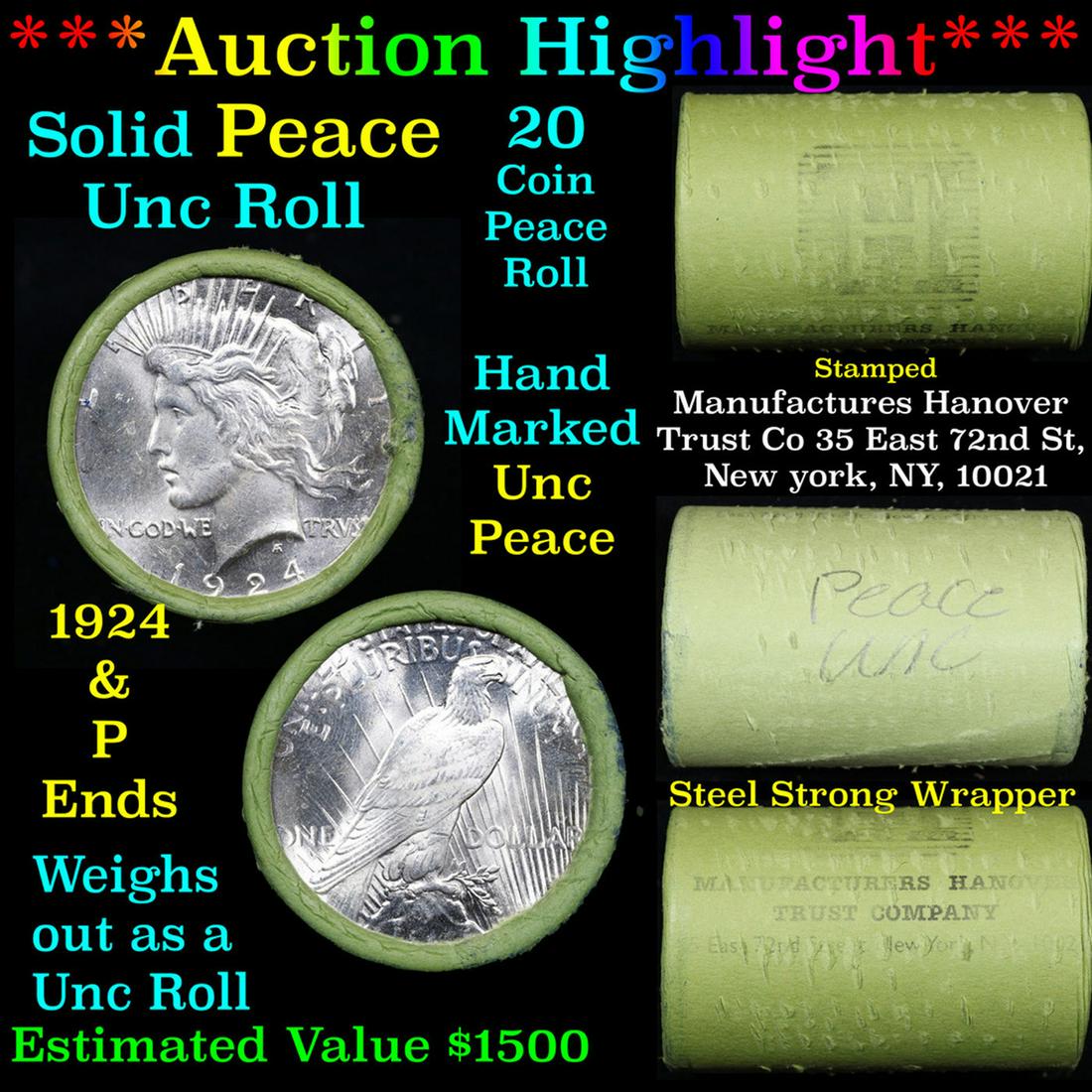 ***Auction Highlight*** Solid Uncirculated Peace silver dollar roll 1924 & P Ends, 20 coins (fc) (1 of 6)