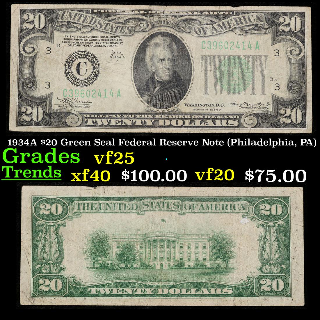 1934A $20 Green Seal Federal Reserve Note (Philadelphia, PA) Grades vf+ (1 of 3)