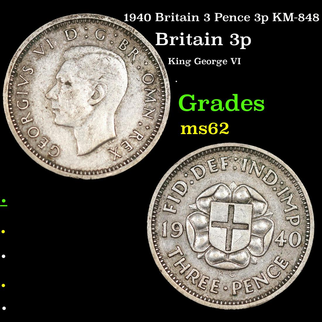 1940 Britain 3 Pence 3p KM-848 Grades Select Unc (1 of 3)