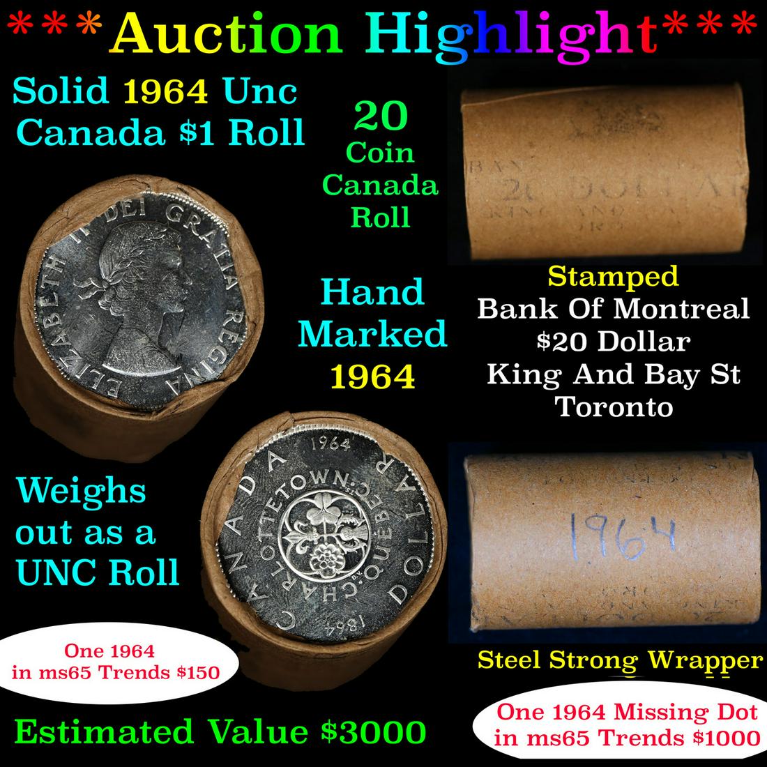 ***Auction Highlight*** Full Roll of Silver 1964 Canadian Dollar with Queen Elizabeth II, 20 Coins (1 of 5)