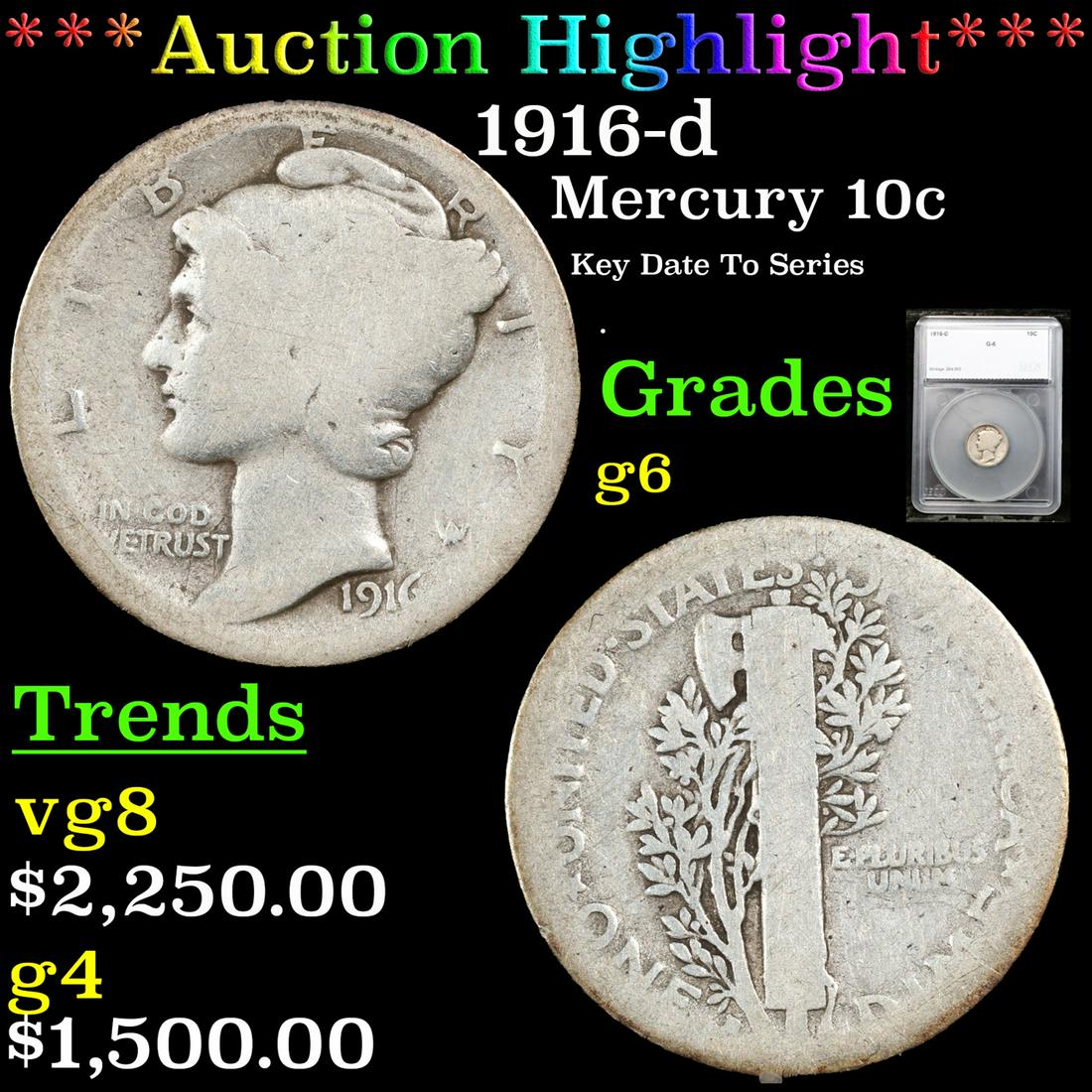 ***Auction Highlight*** 1916-d Mercury Dime 10c Graded g6 By SEGS (fc) (1 of 5)