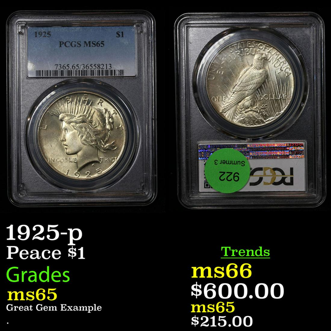 PCGS 1925-p Peace Dollar $1 Graded ms65 By PCGS (1 of 3)
