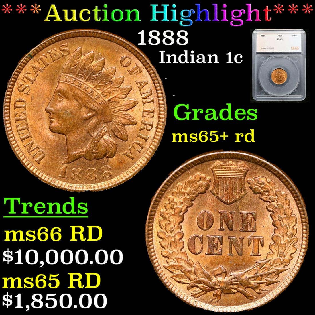 ***Auction Highlight*** 1888 Indian Cent 1c Graded ms65+ rd By SEGS (fc) (1 of 5)