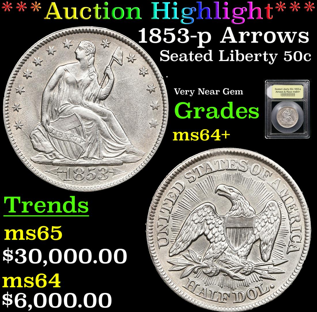 ***Auction Highlight*** 1853-p Arrows & Rays Seated Half Dollar 50c Grades Choice+ Unc BY USCG (1 of 5)