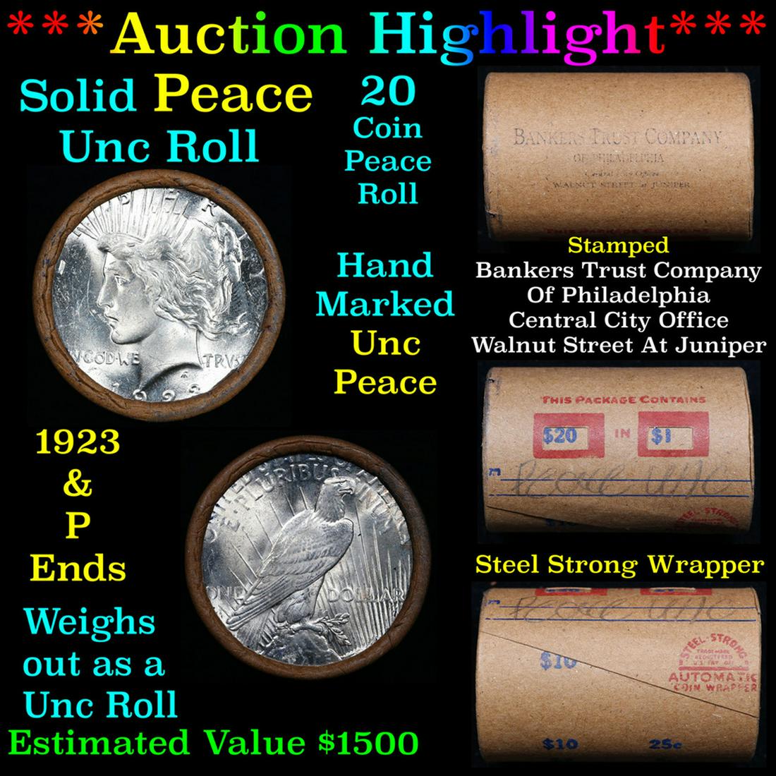 ***Auction Highlight*** Solid Uncirculated Peace silver dollar roll 1923 & P Ends, 20 coins (fc) (1 of 6)