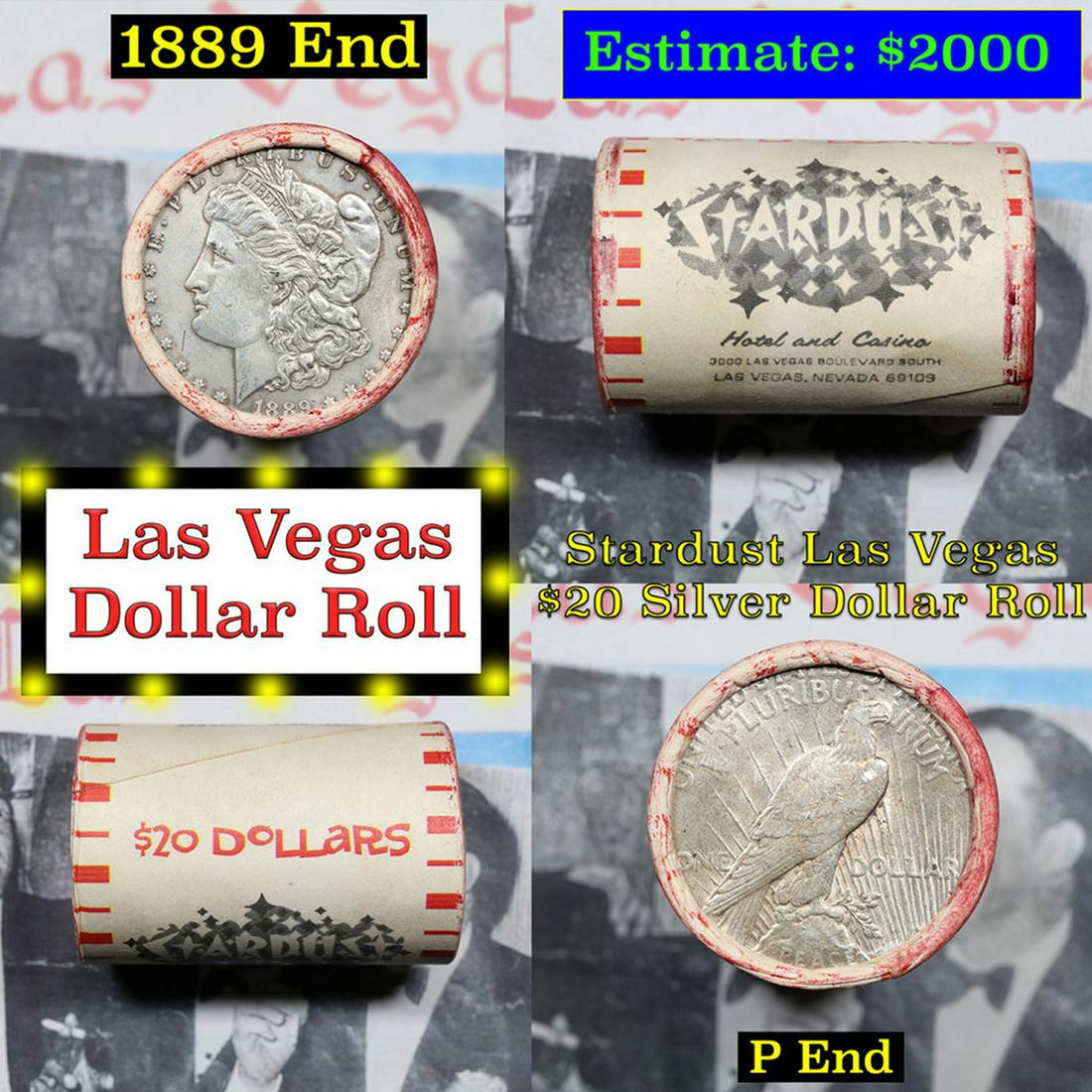 ***Auction Highlight*** Full Morgan/Peace Casino Las Vegas Stardust silver $1 roll $20, 1889 & P end: ***Auction Highlight*** Full Morgan/Peace Casino Las Vegas Stardust silver $1 roll $20, 1889 & P end. This roll is held in an old casino wrapper from Las Vegas. This roll contains 20 Morgan and/or Pea