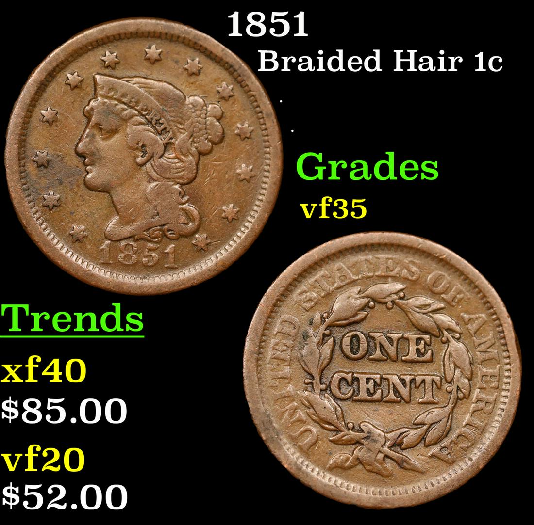 1851 Braided Hair Large Cent 1c Grades vf++ (1 of 3)