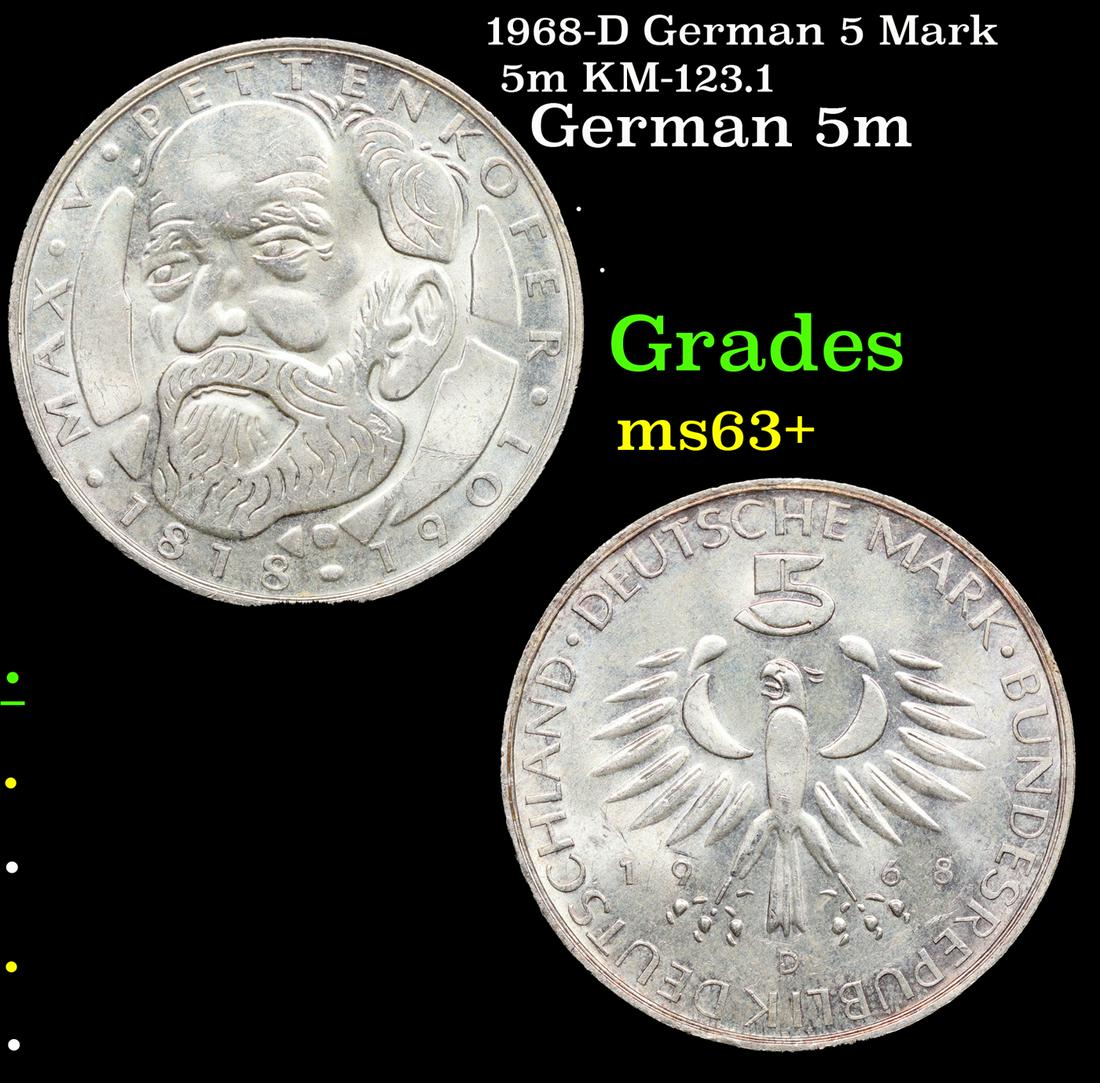 1968-D German 5 Mark 5m KM-123.1 Grades Select+ Unc (1 of 3)