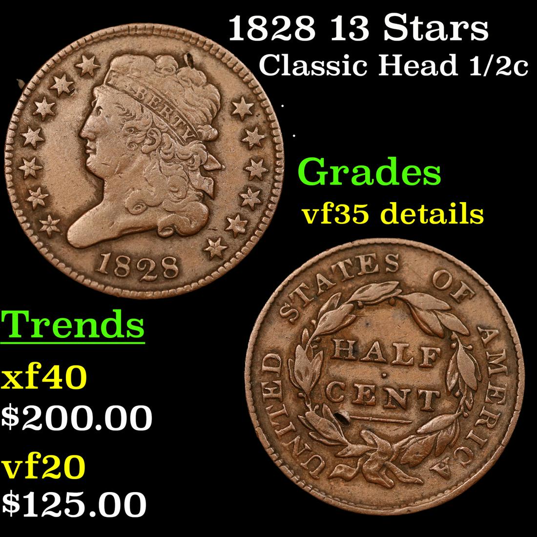 1828 13 Stars Classic Head half cent 1/2c Grades VF Details (1 of 3)