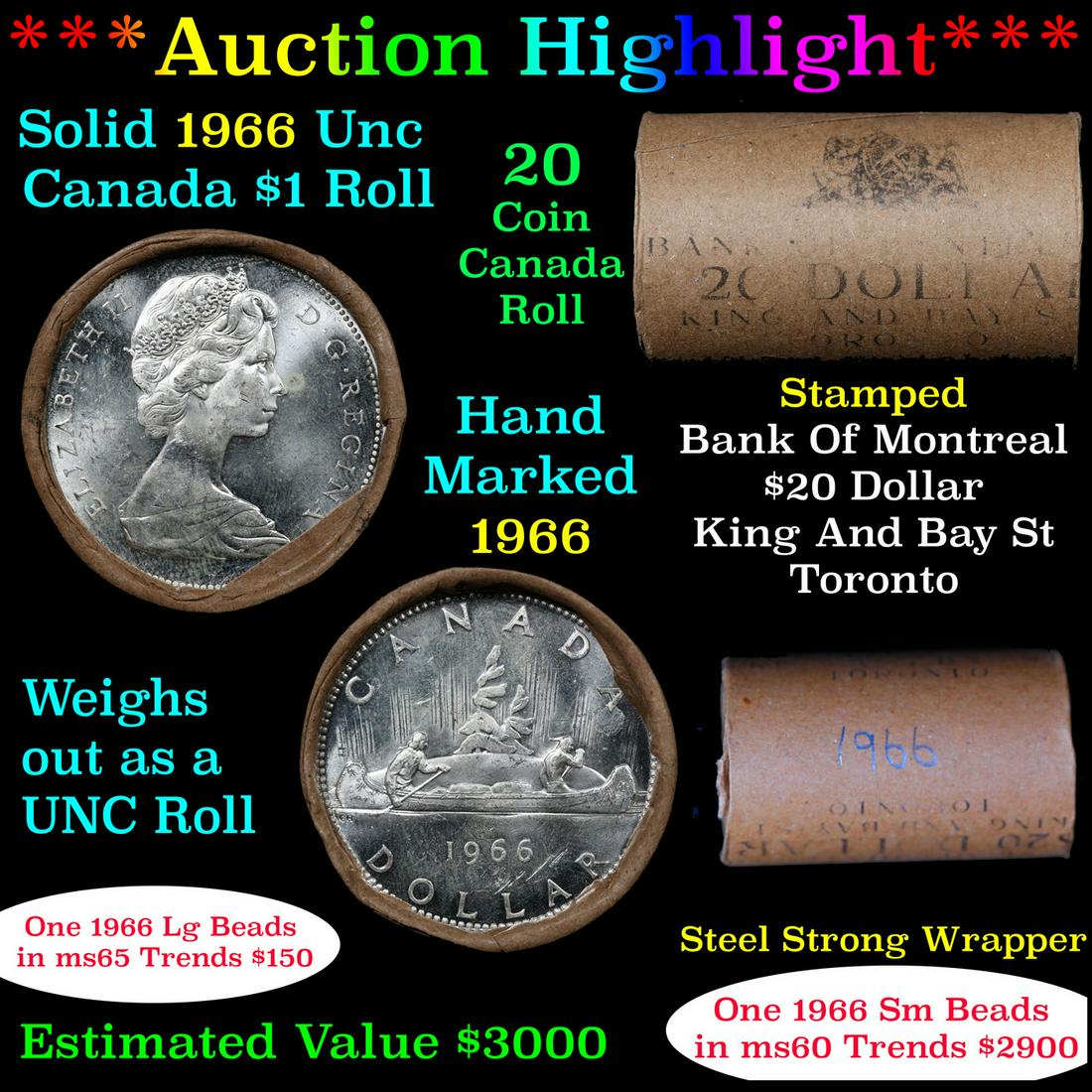 ***Auction Highlight*** Full Roll of Silver 1966 Canadian Dollar with Queen Elizabeth II, 20 Coins (1 of 5)