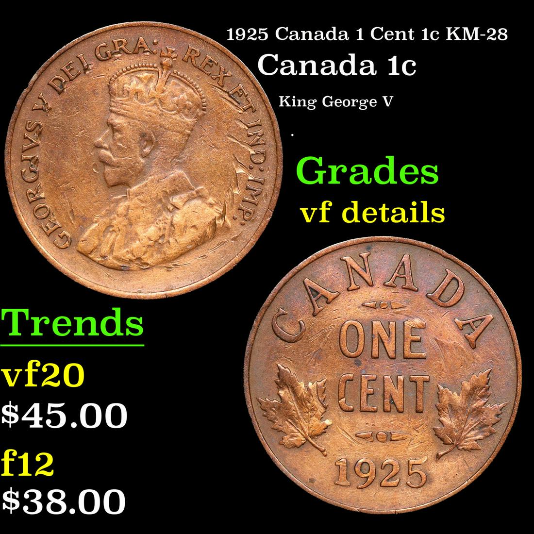 1925 Canada 1 Cent 1c KM-28 Grades vf details: 1925 Canada 1 Cent 1c KM-28 Grades vf details. King George V (George Frederick Ernest Albert; 3 June 1865 â€“ 20 January 1936) was King of the United Kingdom and the British Dominions, and Empero