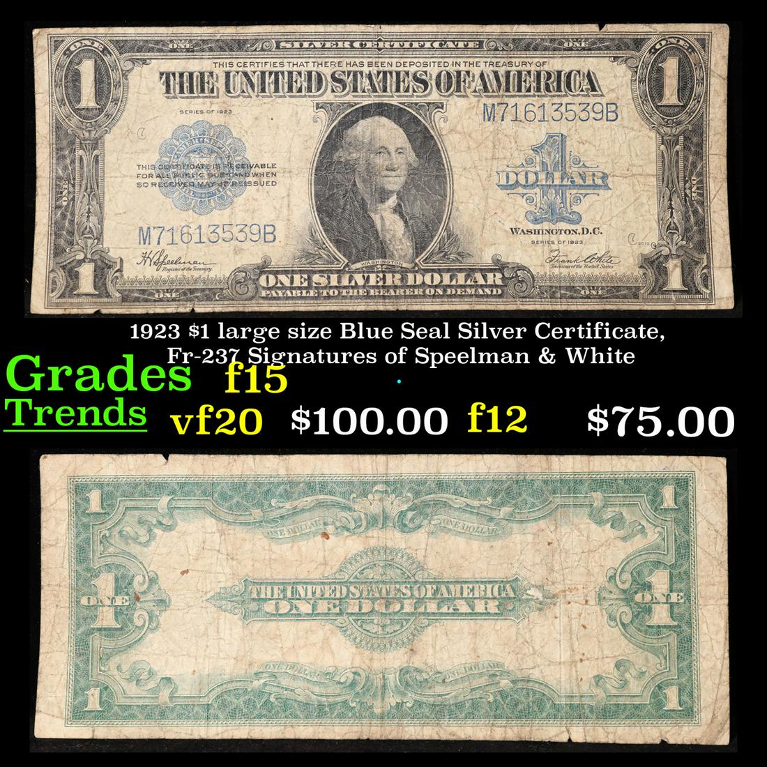 1923 $1 large size Blue Seal Silver Certificate, Fr-237 Signatures of Speelman & White Grades f+: 1923 $1 large size Blue Seal Silver Certificate, Fr-237 Signatures of Speelman & White Grades f+. FR 237. The term â€œhorse blanket” gets used a lot when talking about large size currency. I