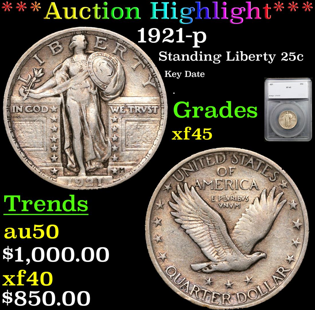 ***Auction Highlight*** 1921-p Standing Liberty Quarter 25c Graded xf45 By SEGS (fc) (1 of 5)