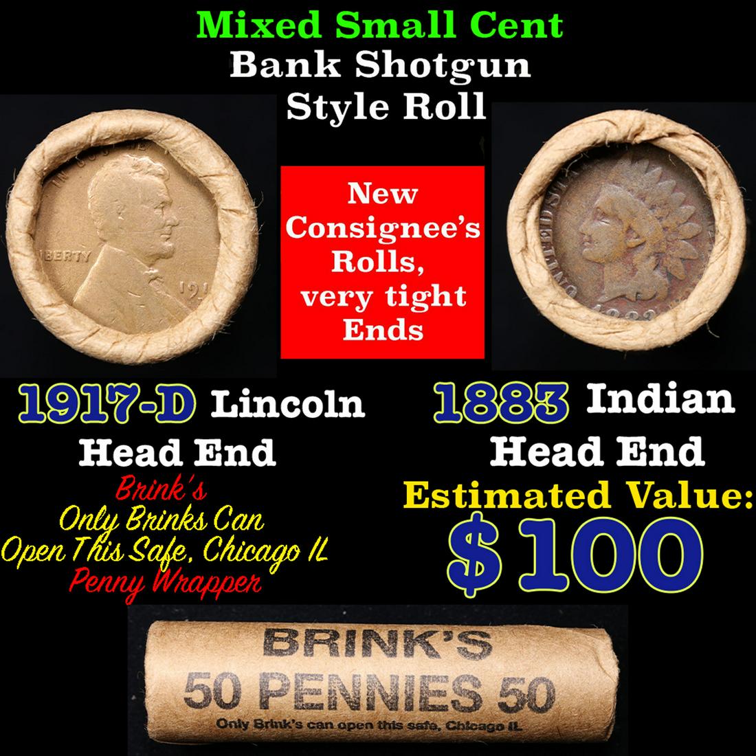 Mixed small cents 1c orig shotgun roll, 1917-d Wheat Cent, 1883 Indian Cent other end, Brinks (1 of 4)