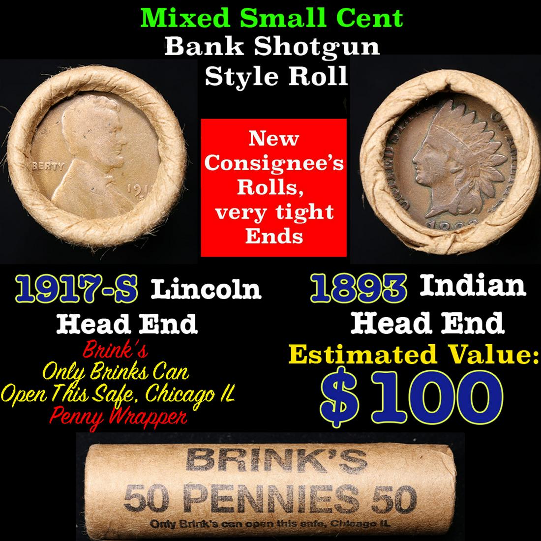 Mixed small cents 1c orig shotgun roll, 1917-s Wheat Cent, 1893 Indian Cent other end, Brinks (1 of 4)