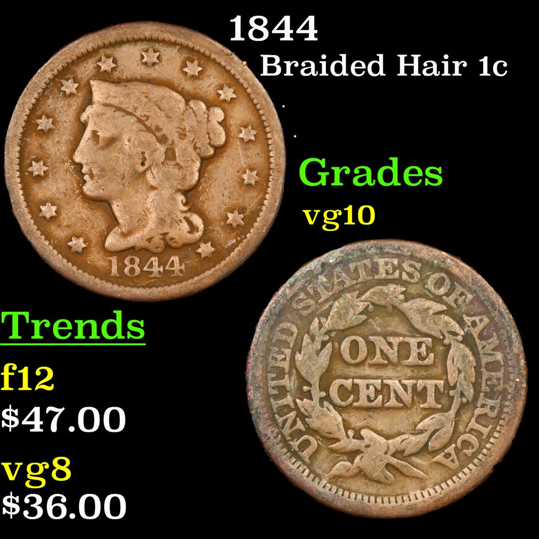 1844 Braided Hair Large Cent 1c Grades vg+ (1 of 3)