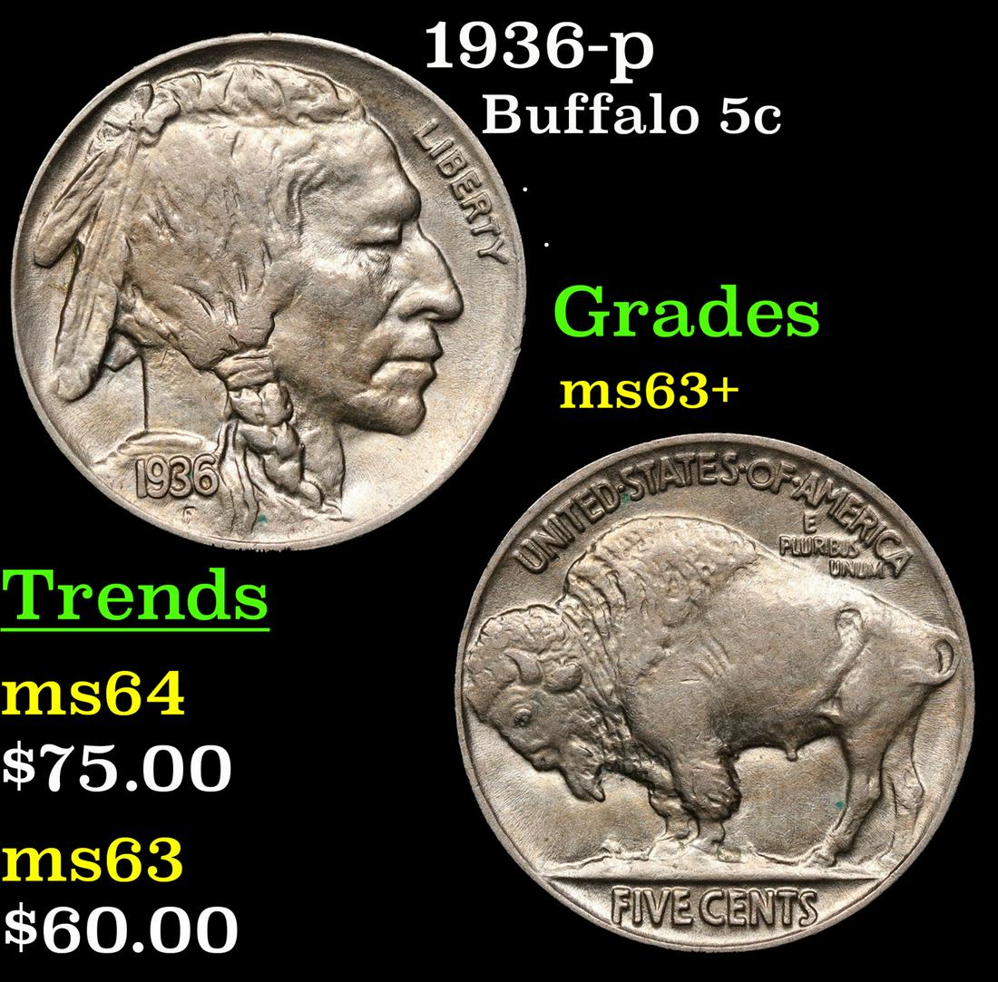 1936-p Buffalo Nickel 5c Grades Select+ Unc (1 of 3)