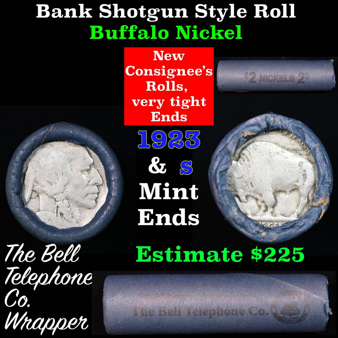 Buffalo Nickel Shotgun Roll in Old Bank Style 'Bell Telephone' Wrapper 1923 & S Mint Ends: Buffalo Nickel Shotgun Roll in Old Bank Style 'Bell Telephone' Wrapper 1923 & S Mint Ends. The roll is held in an old, rare "Bell Telephone Co." Bank style wrapper. This is the Bell Telephone logo