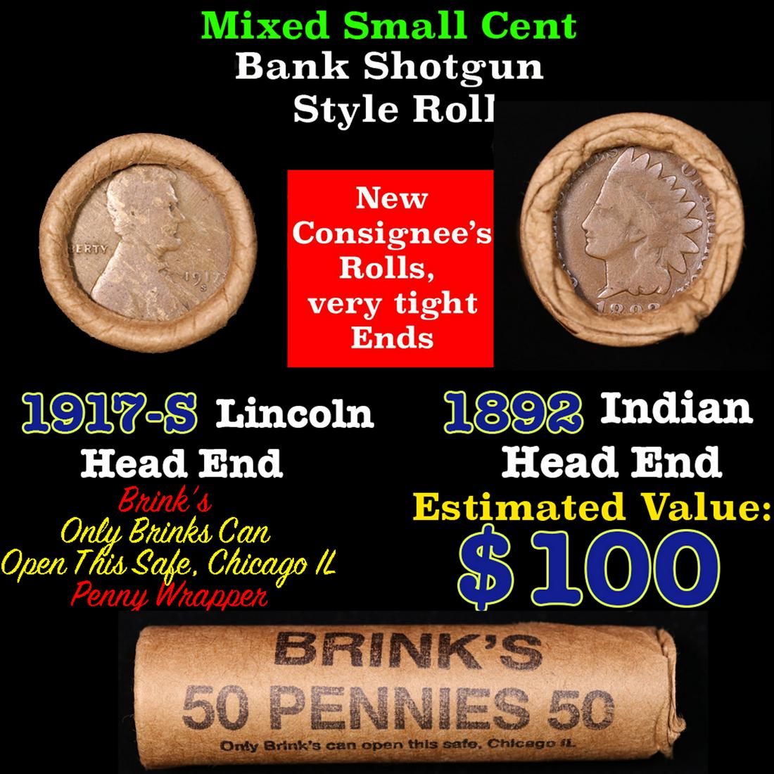 Mixed small cents 1c orig shotgun roll, 1917-s Wheat Cent, 1892 Indian Cent other end, brinks (1 of 4)