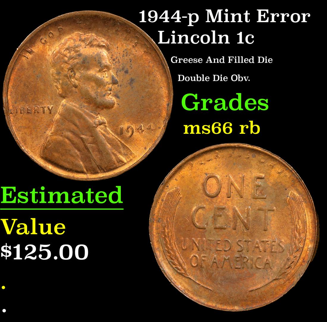 1944-p Lincoln Cent Mint Error 1c Grades GEM+ Unc RB (1 of 3)