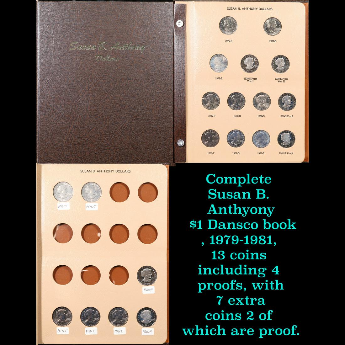 Complete Susan B. Anthyony $1 Dansco book, 1979-1981, 13 coins including 4 proofs, with 7 extra (1 of 4)