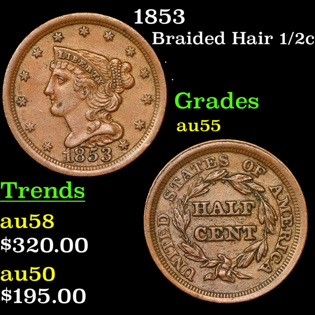 1853 Braided Hair Half Cent 1/2c Grades Choice AU (1 of 3)