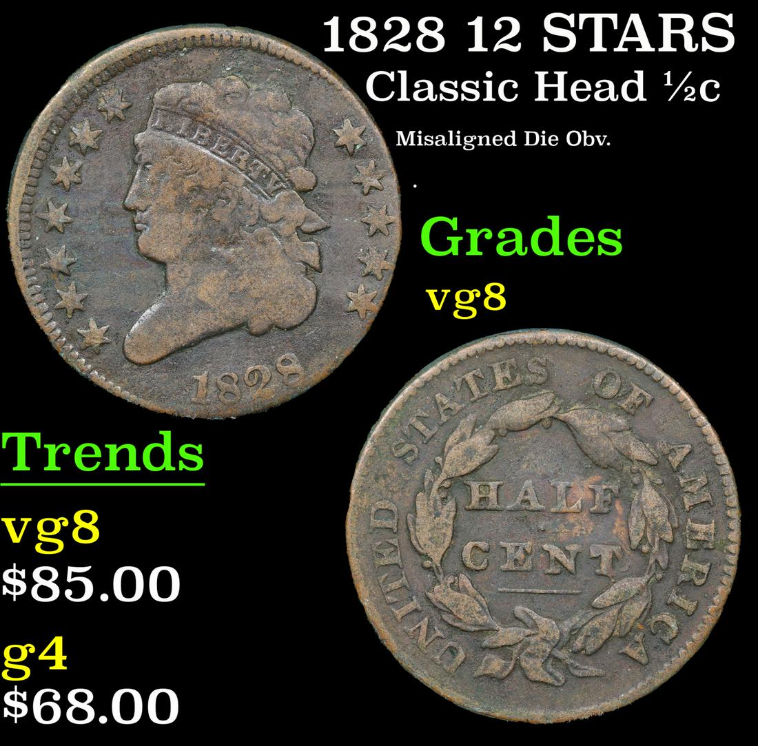 1828 12 STARS Classic Head half cent 1/2c Grades vg, very good (1 of 3)