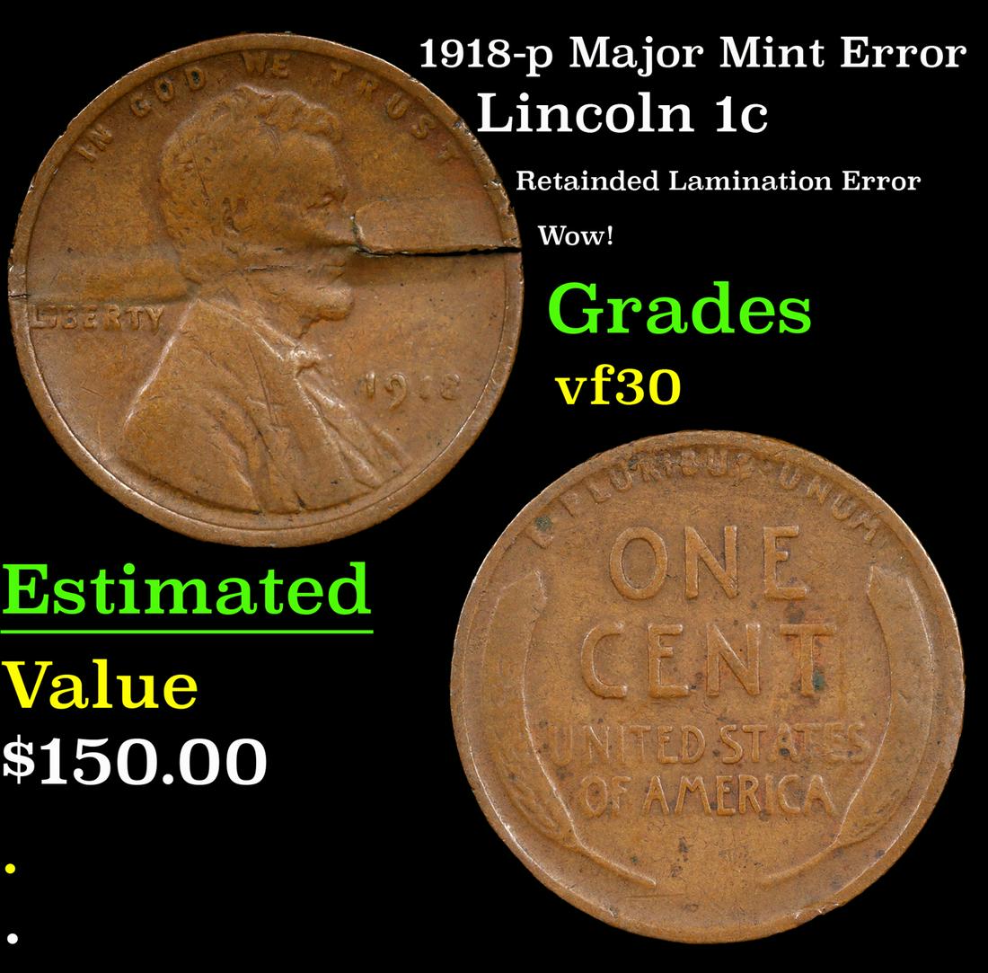 1918-p Lincoln Cent Major Mint Error 1c Grades vf++ (1 of 3)