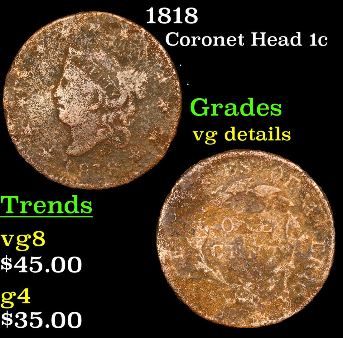 1818 Coronet Head Large Cent 1c Grades vg details (1 of 3)