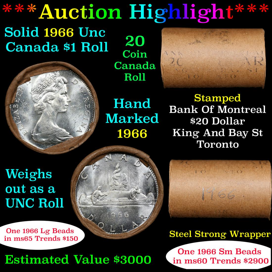 ***Auction Highlight*** Full Roll of Silver 1966 Canadian Dollar with Queen Elizabeth II, 20 Coins (1 of 5)