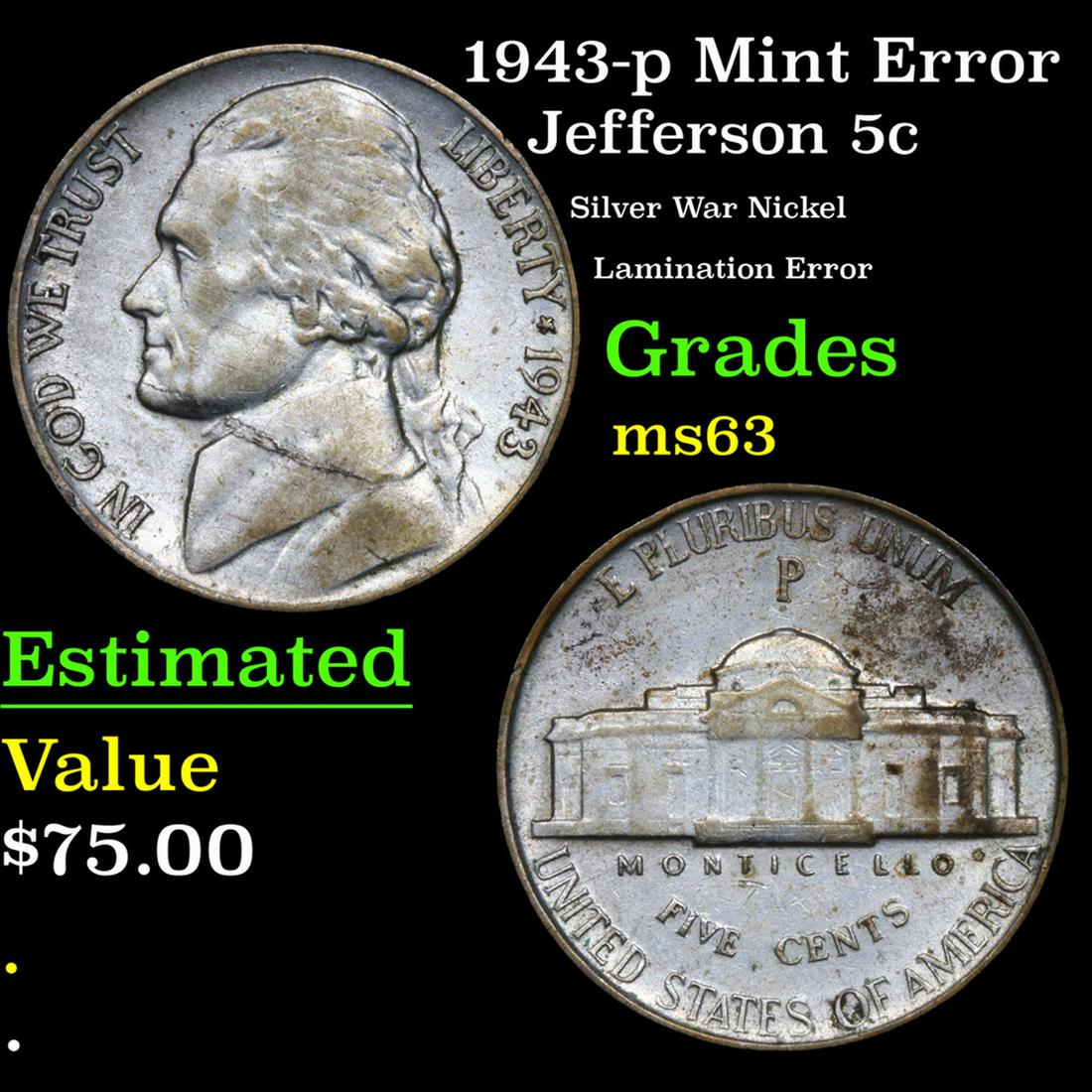 1943-p Jefferson Nickel Mint Error 5c Grades Select Unc (1 of 3)