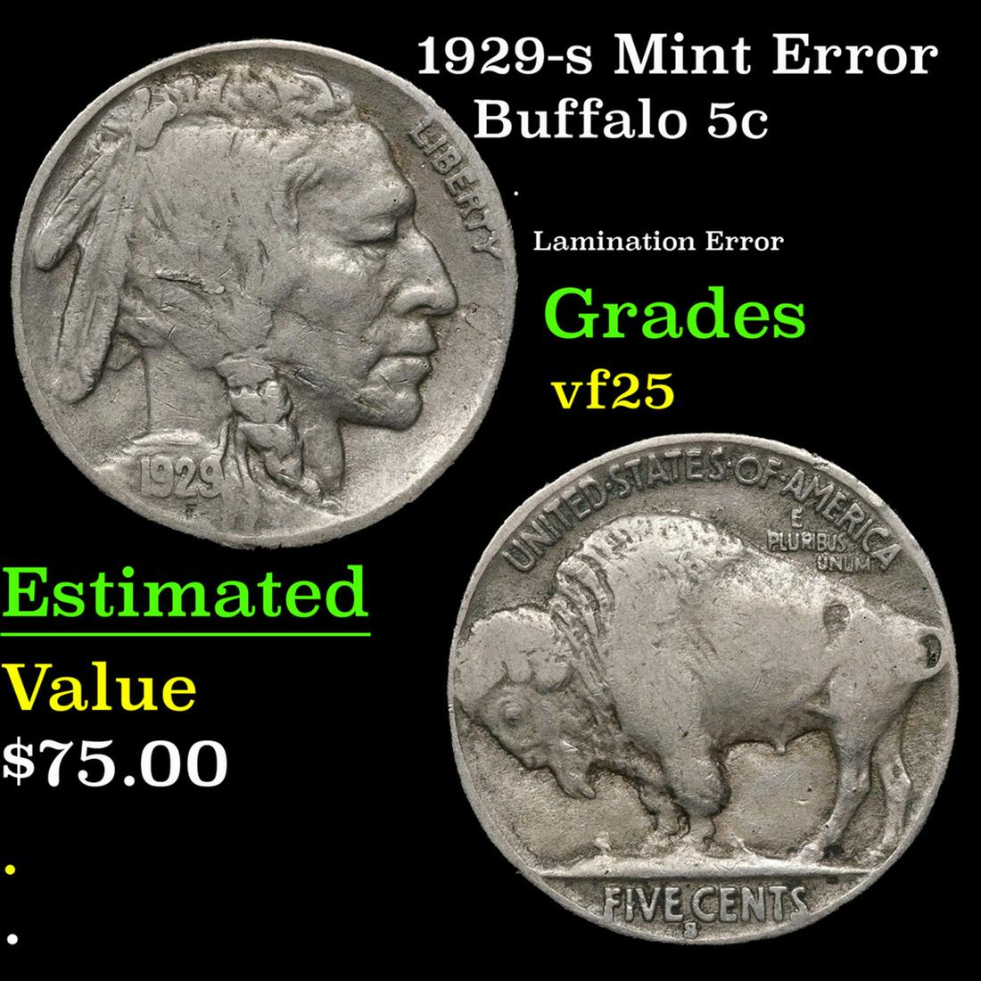 1929-s Buffalo Nickel Mint Error 5c Grades vf+ (1 of 3)