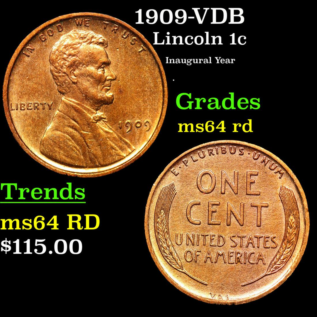 1909 VDB Lincoln Cent 1c Grades Choice Unc RD (1 of 3)