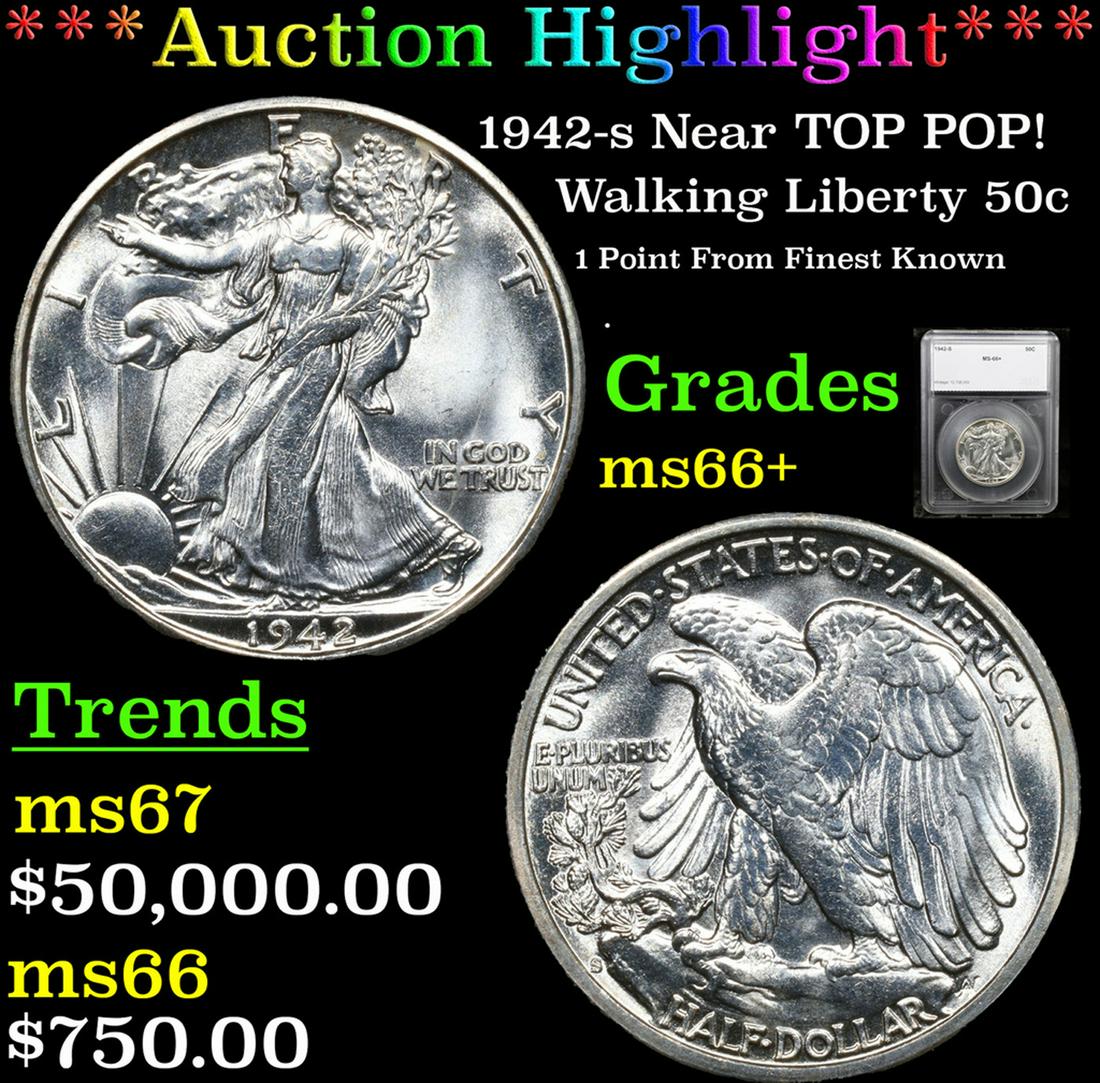 ***Auction Highlight*** 1942-s Walking Liberty Half Dollar Near TOP POP! 50c Graded ms66+ By SEGS (1 of 5)