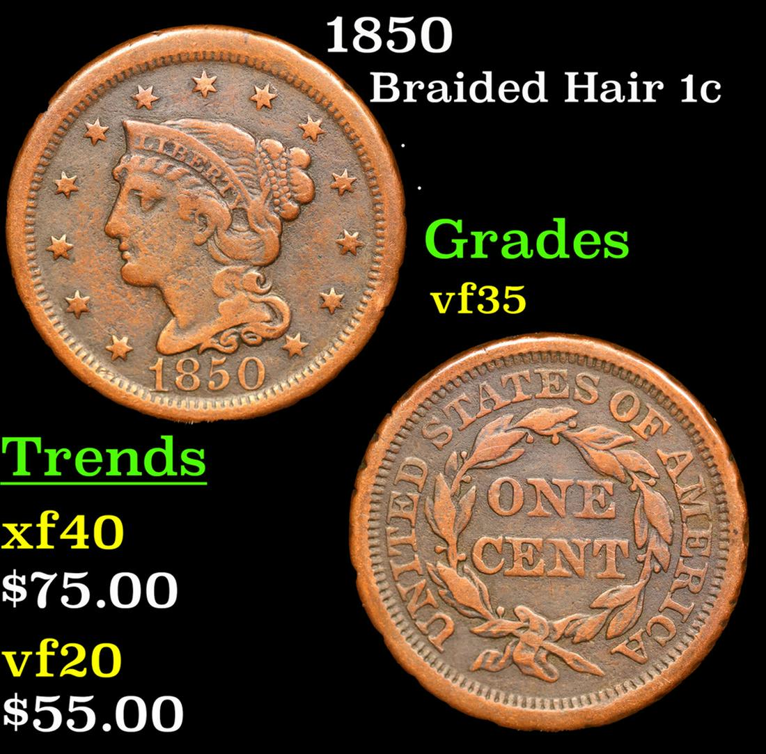 1850 Braided Hair Large Cent 1c Grades vf++ (1 of 3)