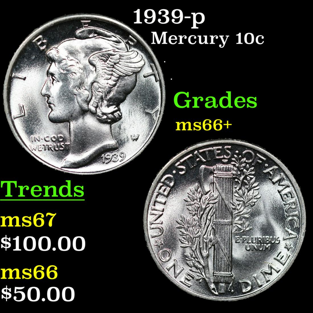 1939-p Mercury Dime 10c Grades GEM++ Unc (1 of 3)