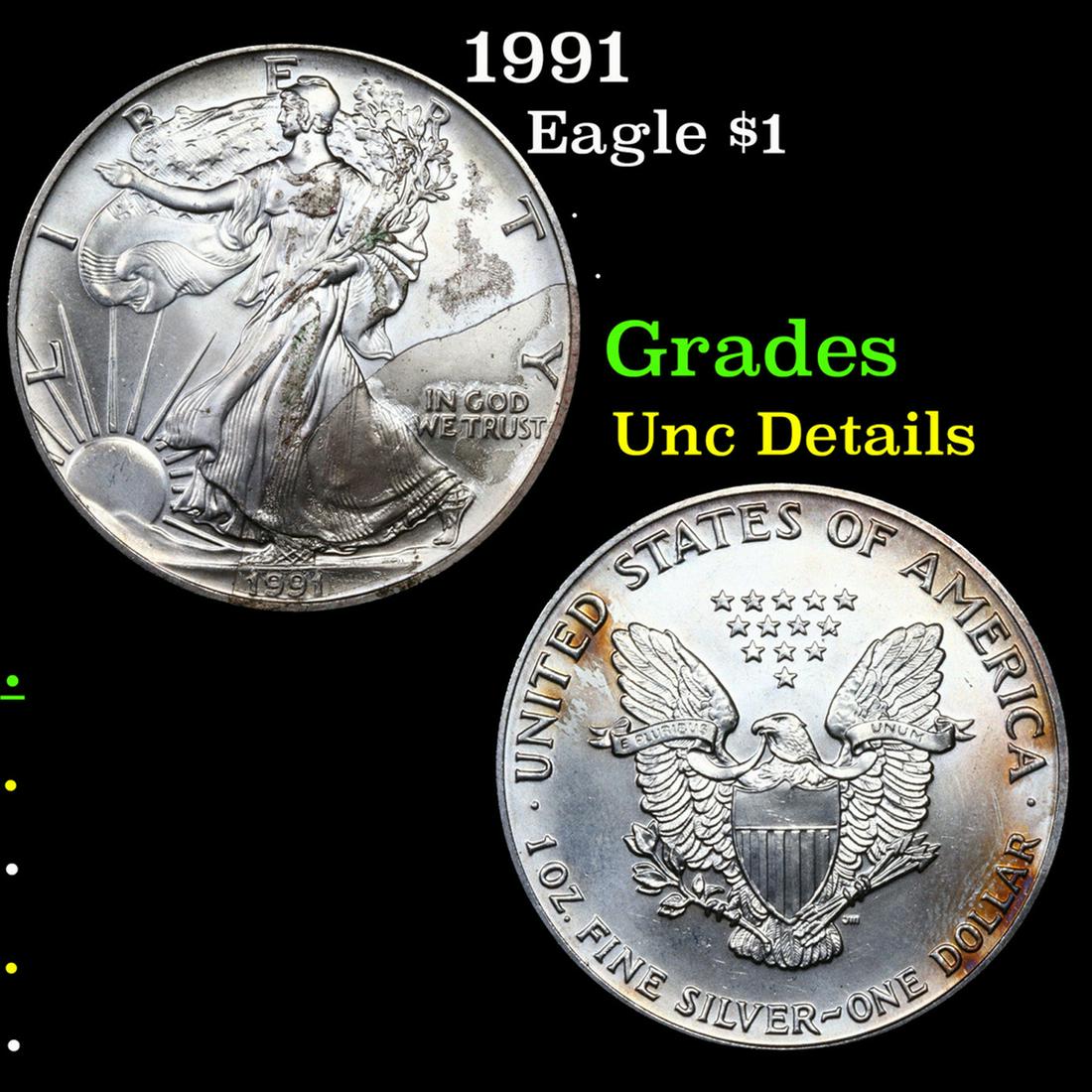 1991 Silver Eagle Dollar $1 Grades Unc Details (1 of 3)