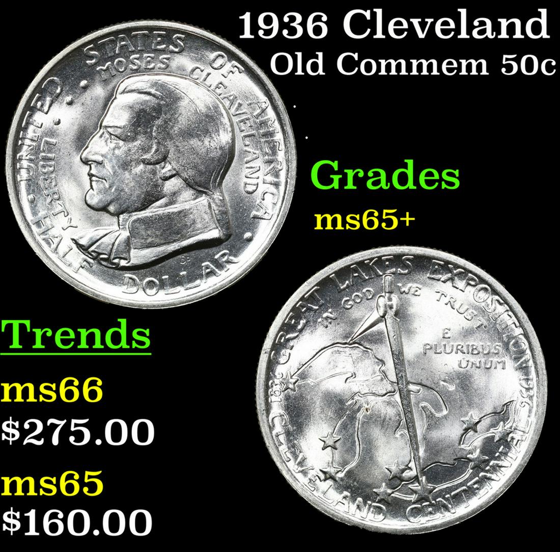 1936 Cleveland Old Commem Half Dollar 50c Grades GEM+ Unc: 1936 Cleveland Old Commem Half Dollar 50c Grades GEM+ Unc. The High points on a Cleveland Half are the Top of the compass on the Reverse and the Cheekbone of the obverse, Look there when trying to see