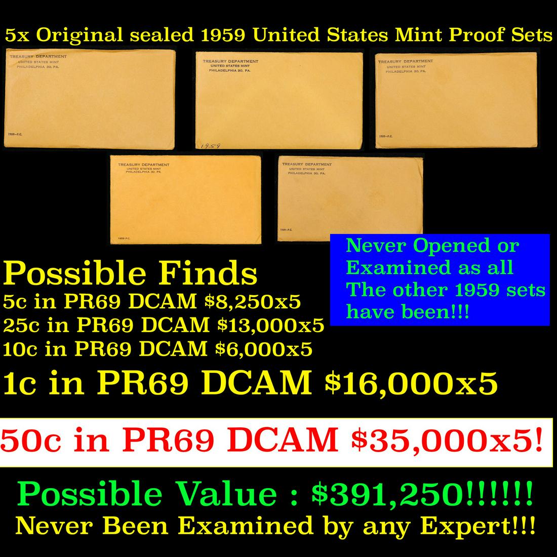 5x Original sealed 1959 United States Mint Proof Set! A total of 25 Coins Inside, 5 each! (1 of 11)