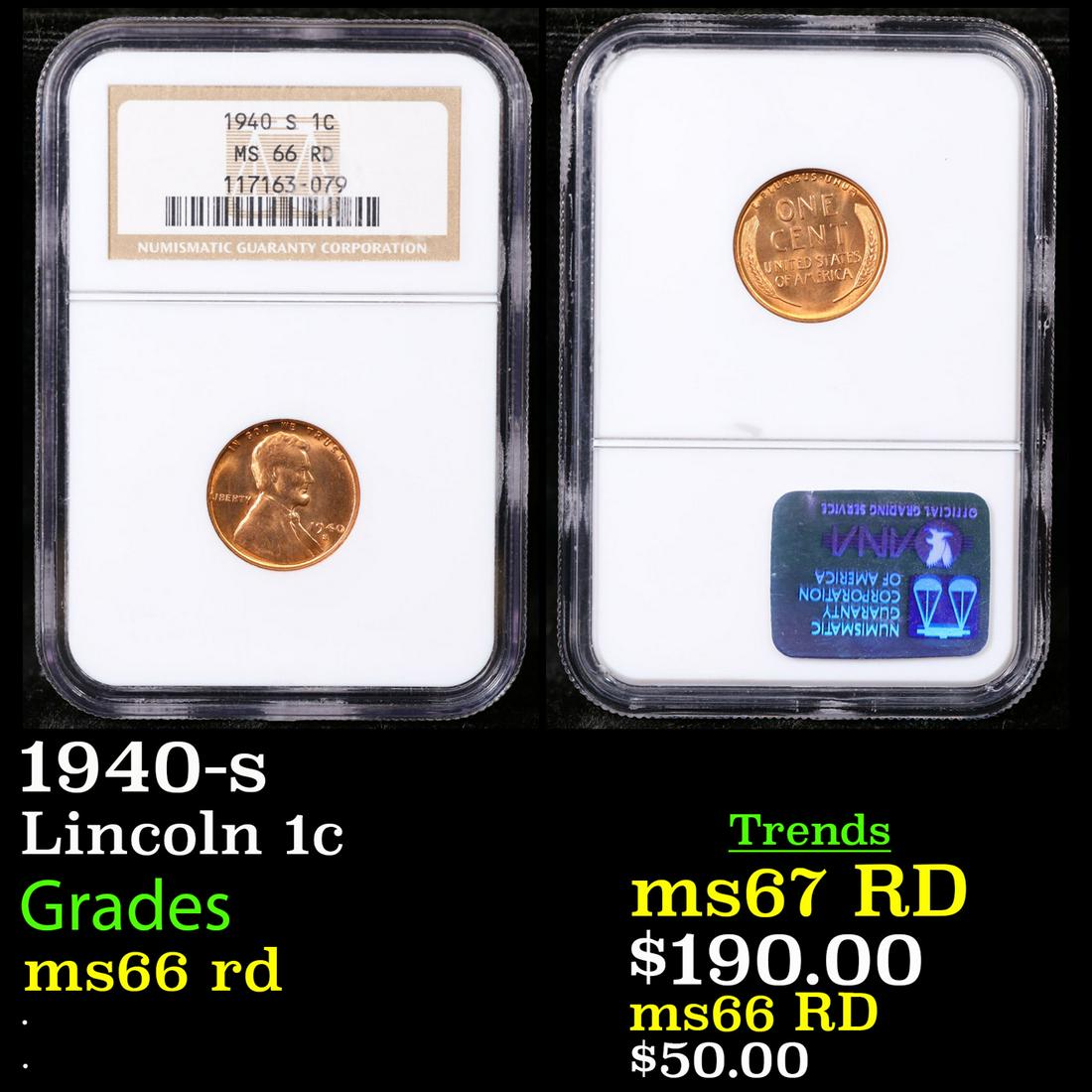 NGC 1940-s Lincoln Cent 1c Graded ms66 rd By NGC (1 of 3)