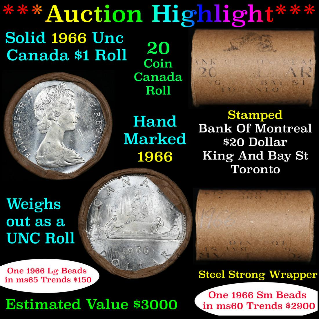 ***Auction Highlight*** Full Roll of Silver 1966 Canadian Dollar with Queen Elizabeth II, 20 Coins (1 of 5)