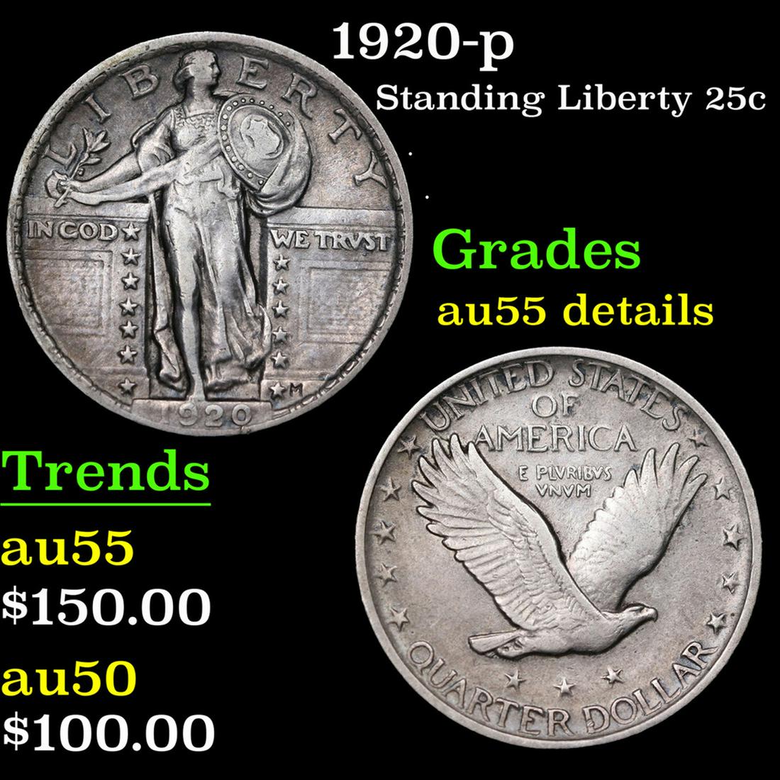1920-p Standing Liberty Quarter 25c Grades AU Details (1 of 3)