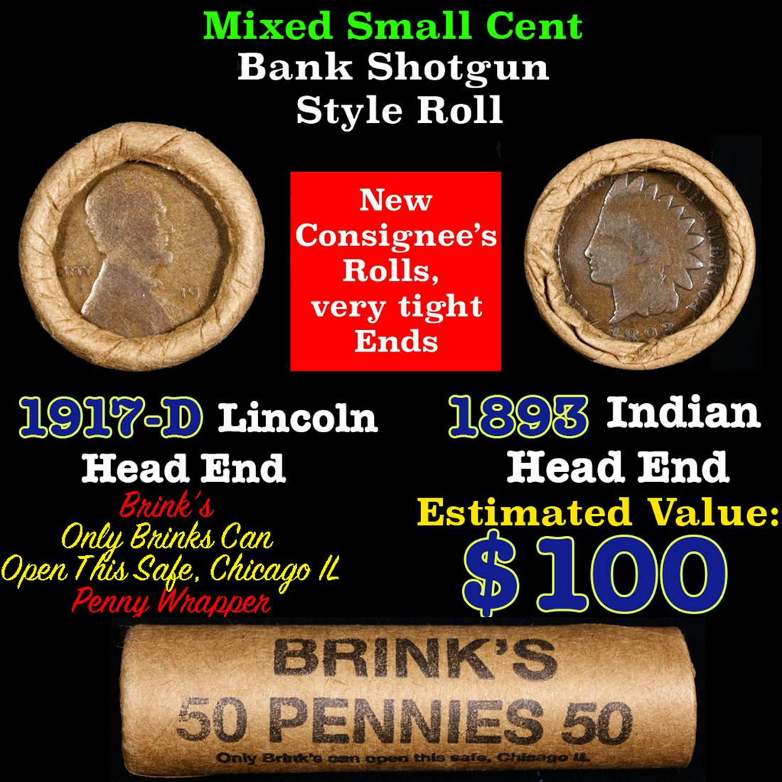 Mixed small cents 1c orig shotgun roll, 1917-d Wheat Cent, 1893 Indian Cent other end, Brinks (1 of 4)