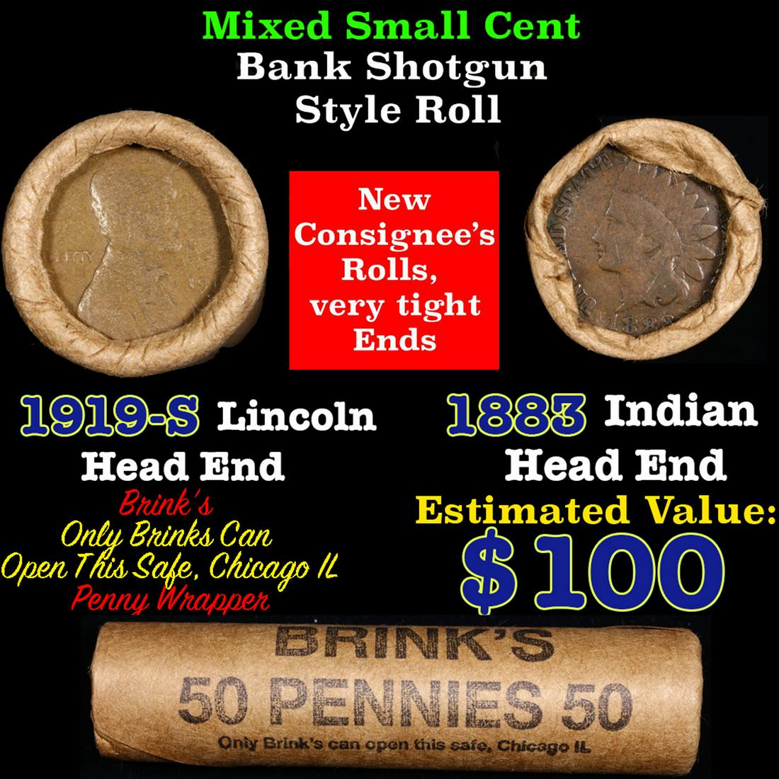 Mixed small cents 1c orig shotgun roll, 1919-s Wheat Cent, 1883 Indian Cent other end, Brinks (1 of 4)