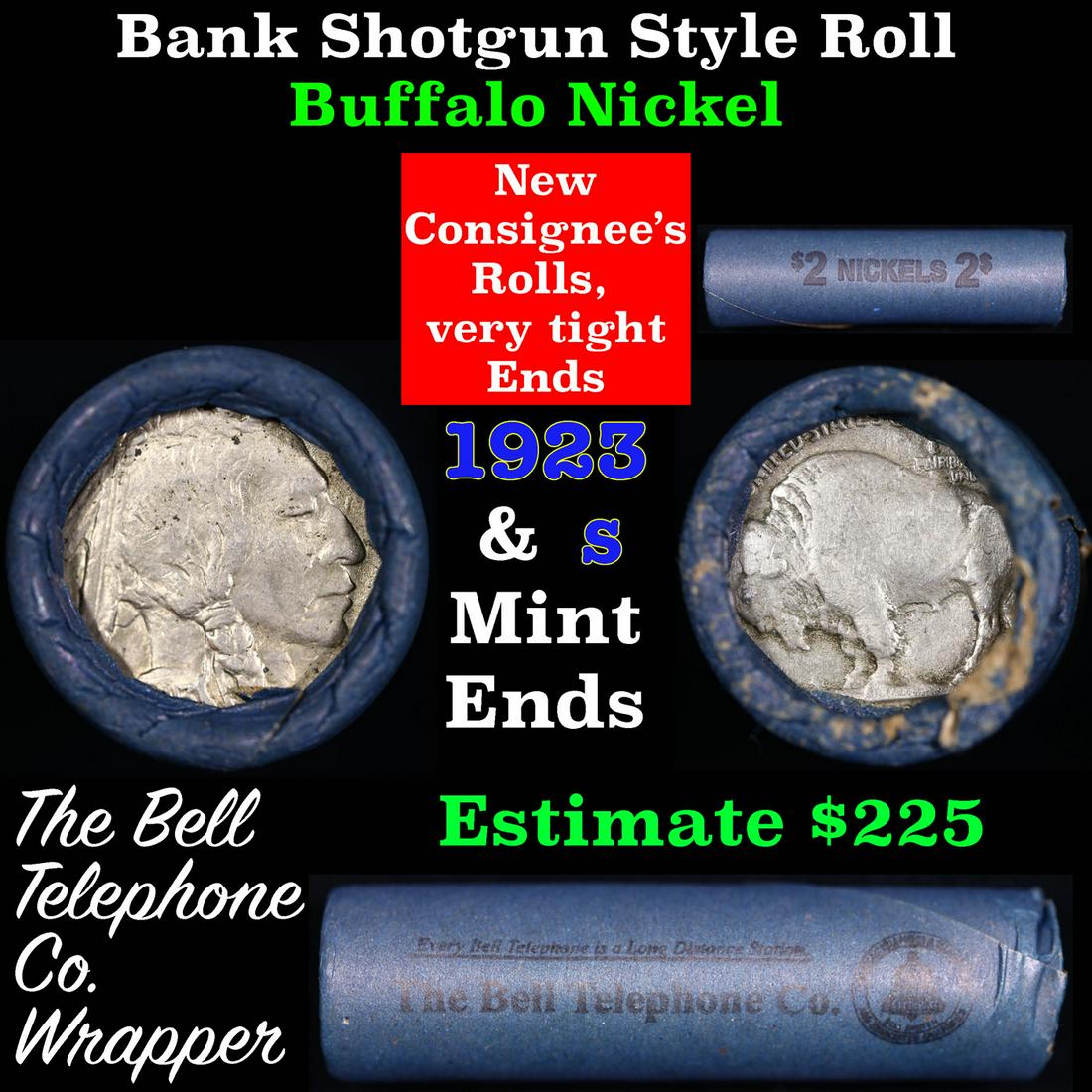 Buffalo Nickel Shotgun Roll in Old Bank Style 'Bell Telephone' Wrapper 1913 & s Mint Ends: Buffalo Nickel Shotgun Roll in Old Bank Style 'Bell Telephone' Wrapper 1913 & s Mint Ends. The roll is held in an old, rare "Bell Telephone Co." Bank style wrapper. This is the Bell Telephone logo fro